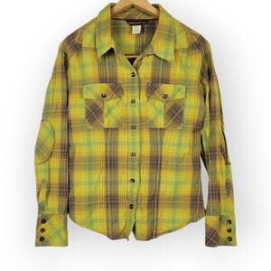 Horny Toad Plaid Elbow Patch Button Front Shirt Small Rustic Western Cabincore